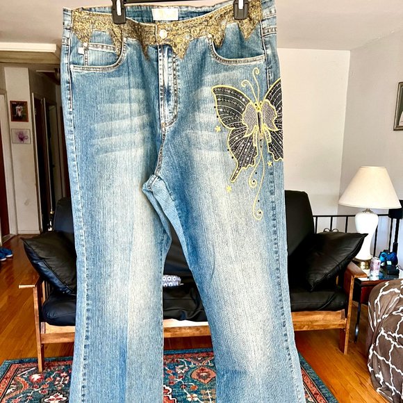 CREST JEANS Butterfly Embroidered Lace Detail Stretch Vintage JEANS Sz. 19/20 - Picture 2 of 9